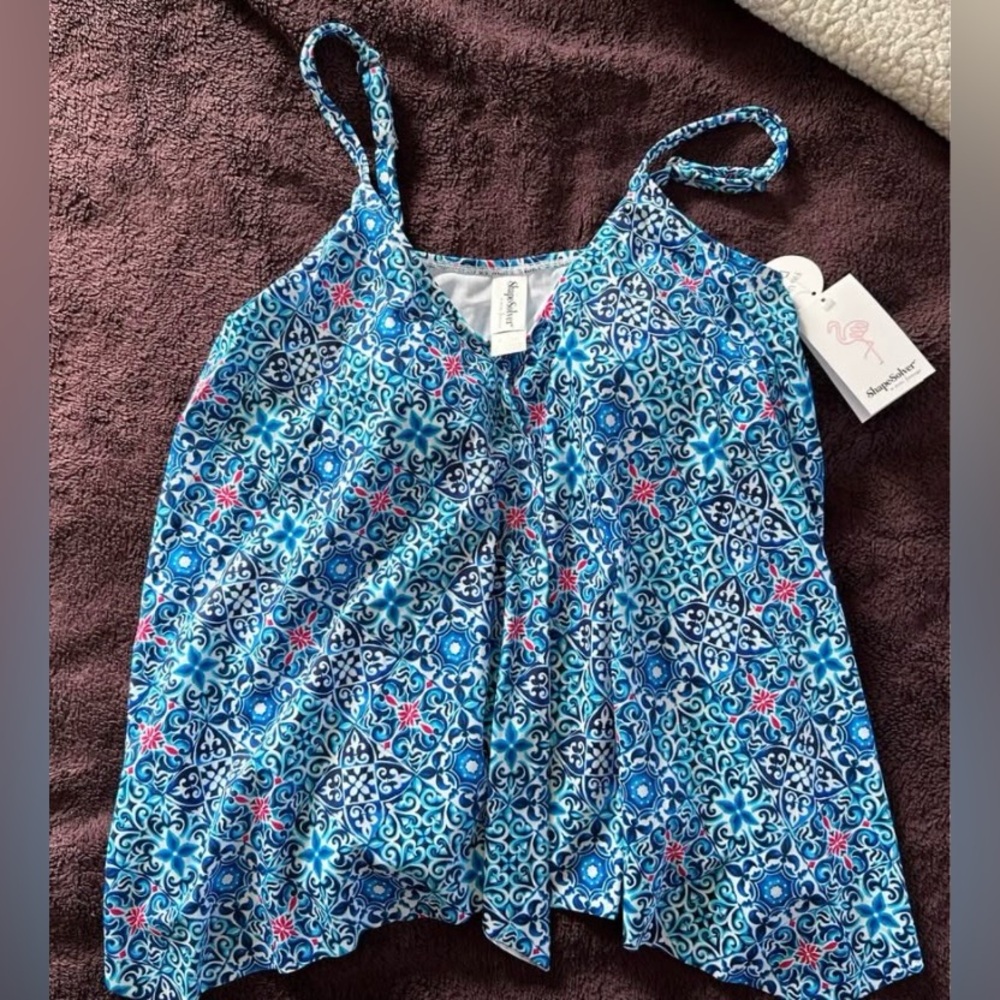 Blue Tile Print Spaghetti Strap Swim Top
